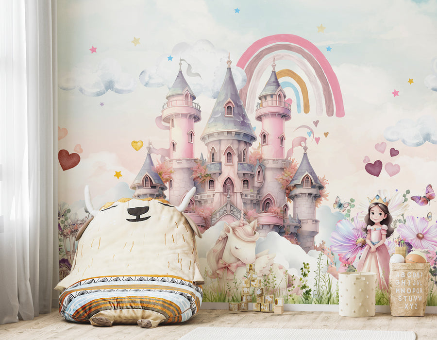 Pink Castle Kids Wallpaper with Rainbow Unicorns | Peel and Stick Wall Mural