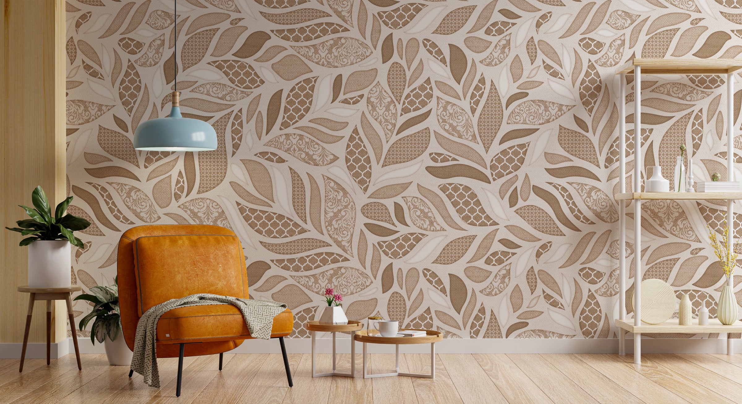 Beige Brown Leaf Design Wallpaper | Modern Botanical Style | Removable Wall Covering