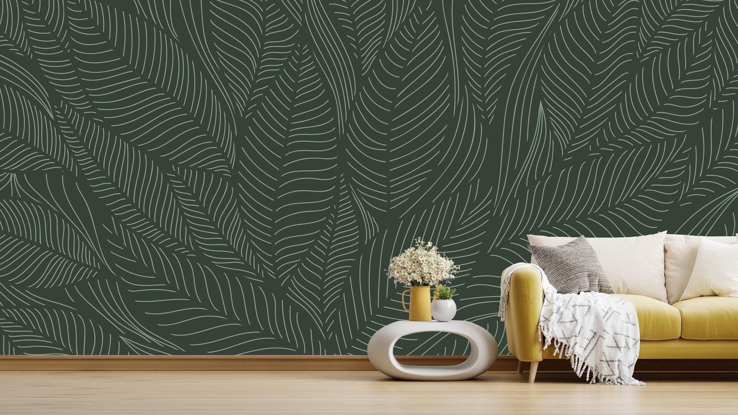 Dark green botanical line art wallpaper for contemporary home living space