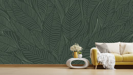 Dark green botanical line art wallpaper for contemporary home living space
