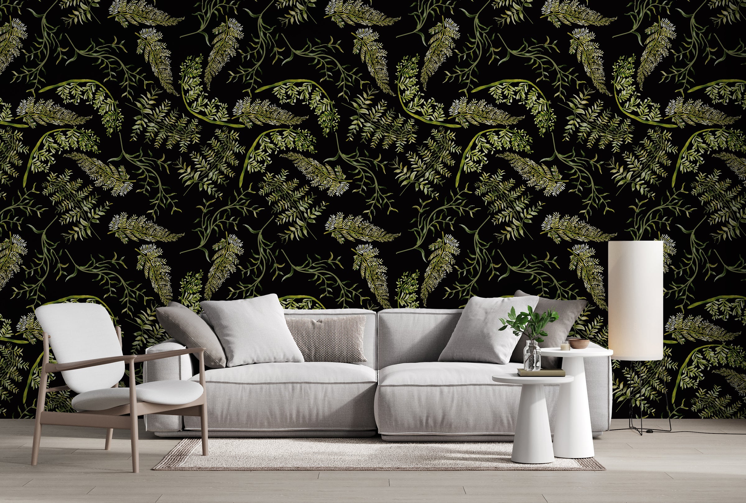 Dark botanical fern wallpaper with green leaves for modern living room accent wall