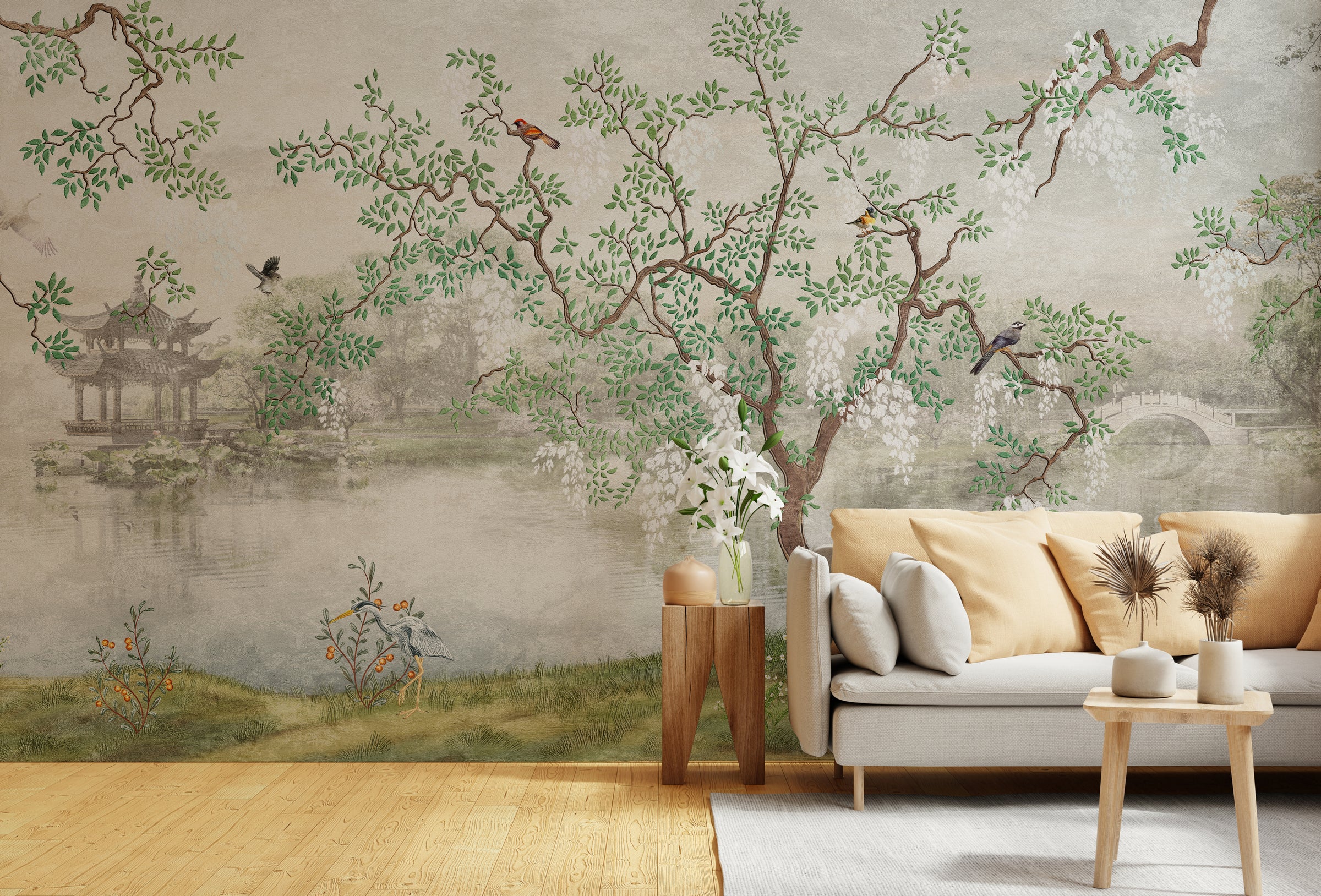 Natural green leaves wallpaper mural for living room wall decor