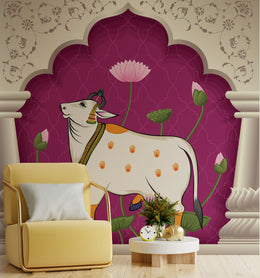 Sacred cow lotus wall mural in pink tones for luxurious living room decor