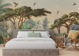 Luxury Exotic Botanical Forest interior backdrop in muted earth palette for stylish bedroom design