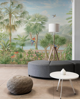 Tropical botanical paradise wallpaper uplifting studio workspace decor with vibrant foliage illustration and tranquil landscape background.
