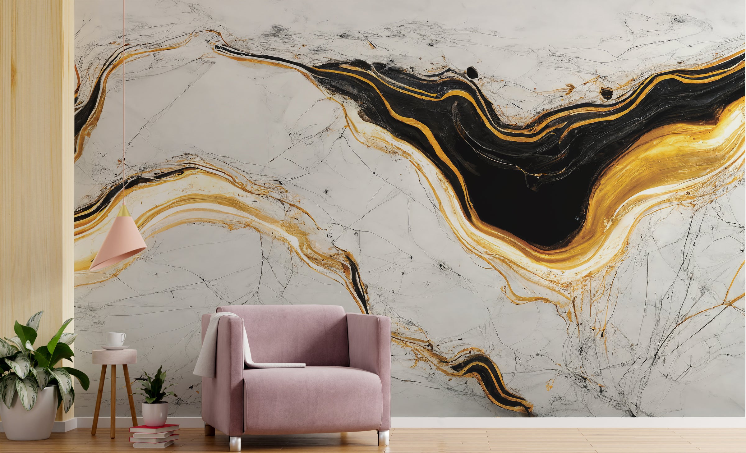 Sophisticated marble texture wallpaper in black gold for upscale hallway accent wall