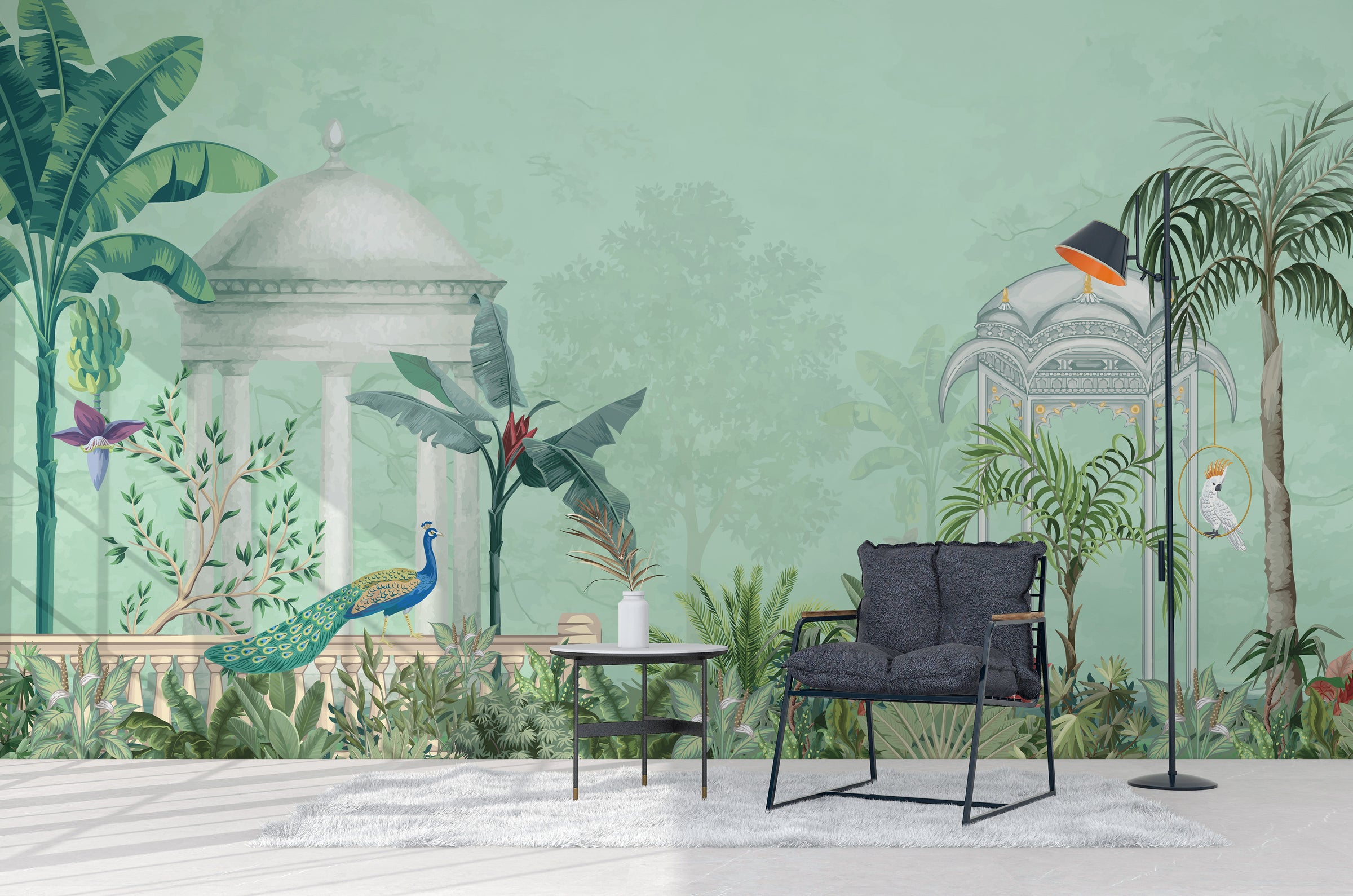 Vintage Jungle Pavilion Wallpaper transforming bedroom with elegant nature inspired decor mood