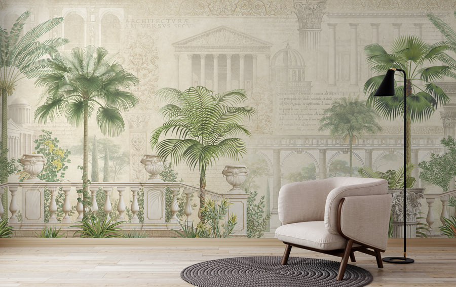 Tropical Palm Wallpaper | Vintage Beige Botanical Living Room Peel and Stick Wallpaper