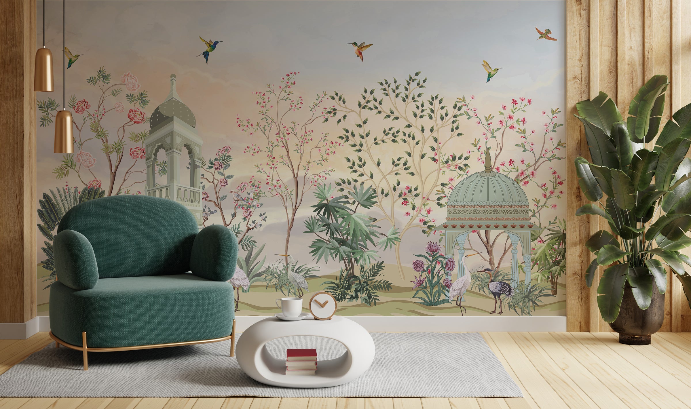 Artistic garden wall mural with hummingbirds and florals in soft hues for office space