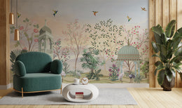 Artistic garden wall mural with hummingbirds and florals in soft hues for office space