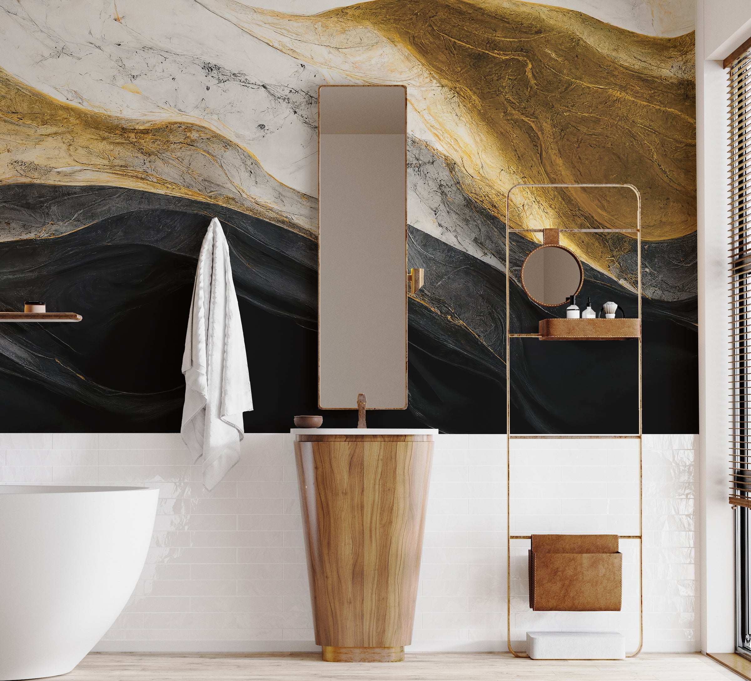 Stylish bathroom wall mural featuring abstract gold marble waves on deep black background