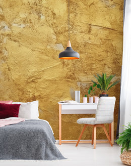 Gold texture wallpaper peel and stick earthy plaster finish cozy bedroom accent wall