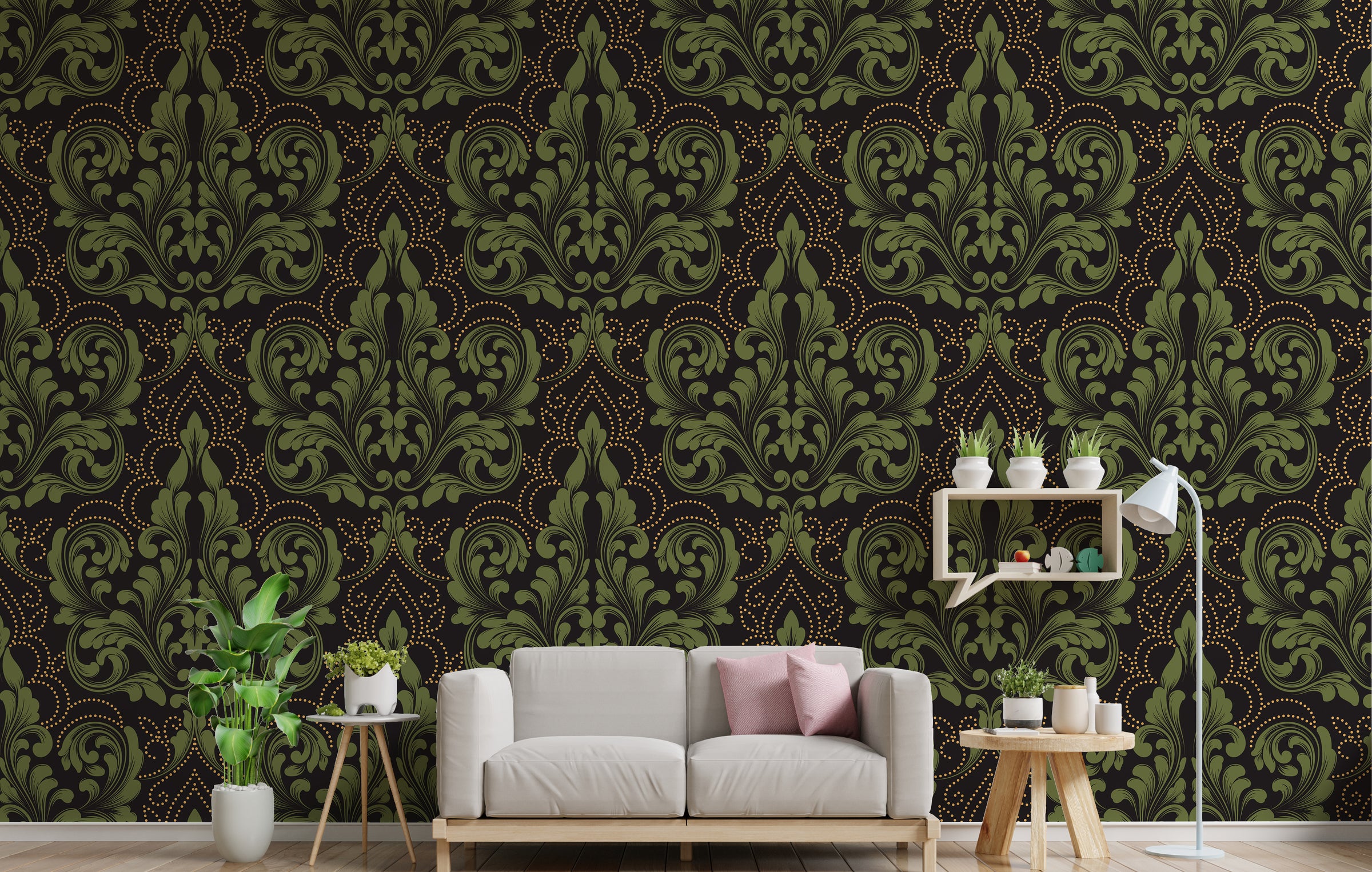 Luxury lounge wallpaper in dark green floral damask pattern for upscale interior styling