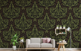 Luxury lounge wallpaper in dark green floral damask pattern for upscale interior styling