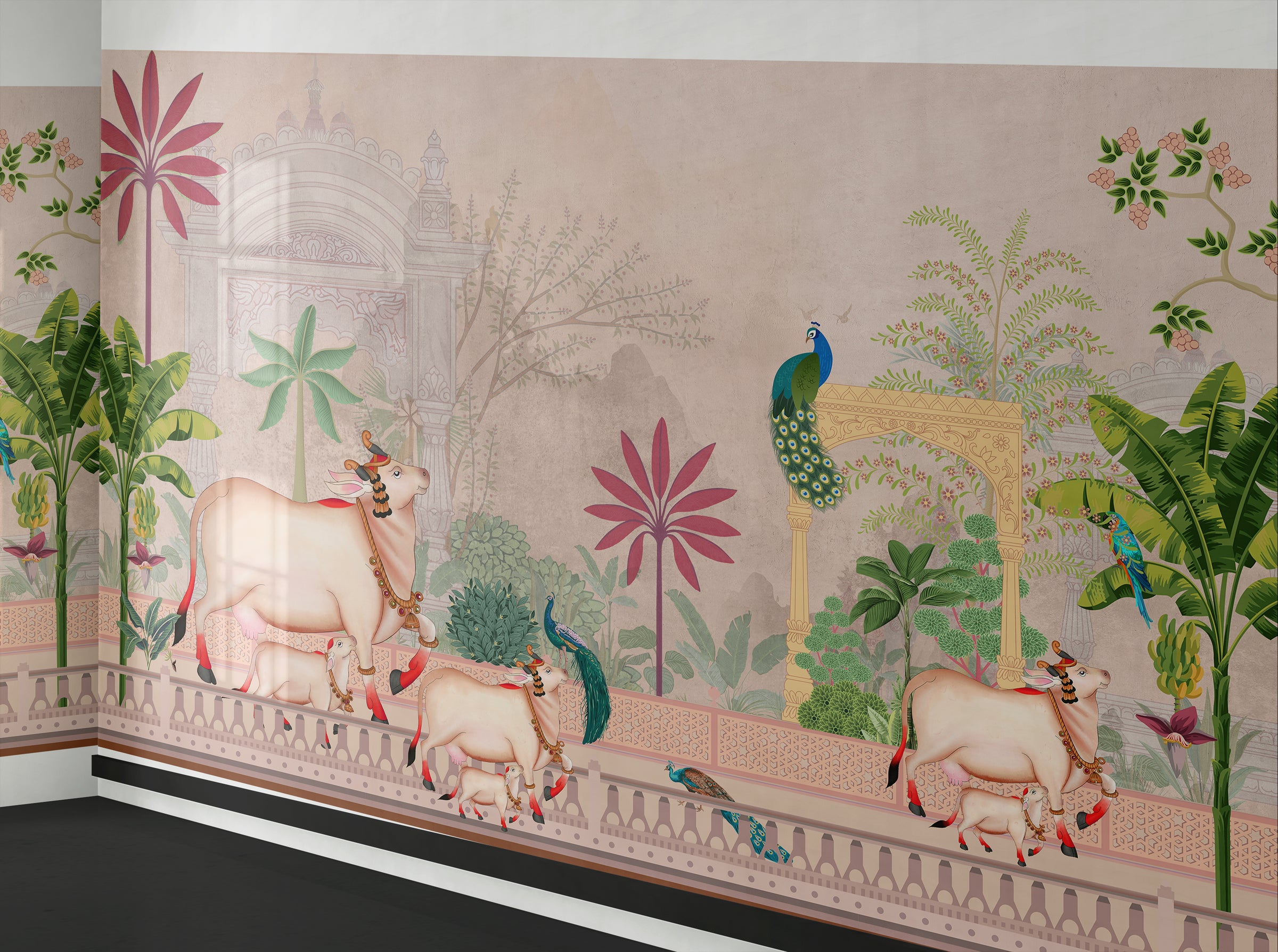 Artistic Indian mural with tropical plants, peacocks, warm hues for dining room decor