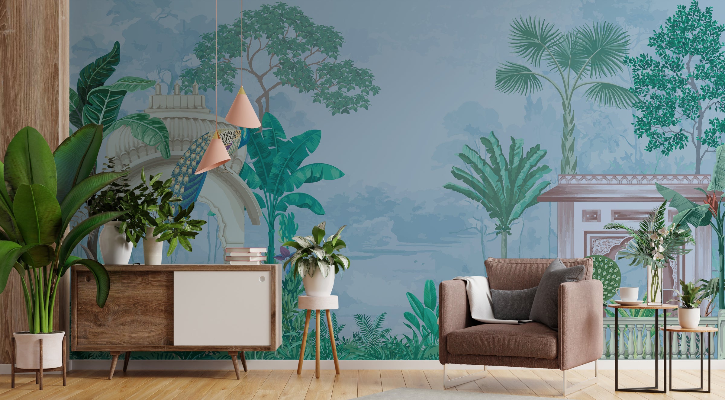 Artistic bird and botanical pattern in soft beige for inspiring studio wall decor