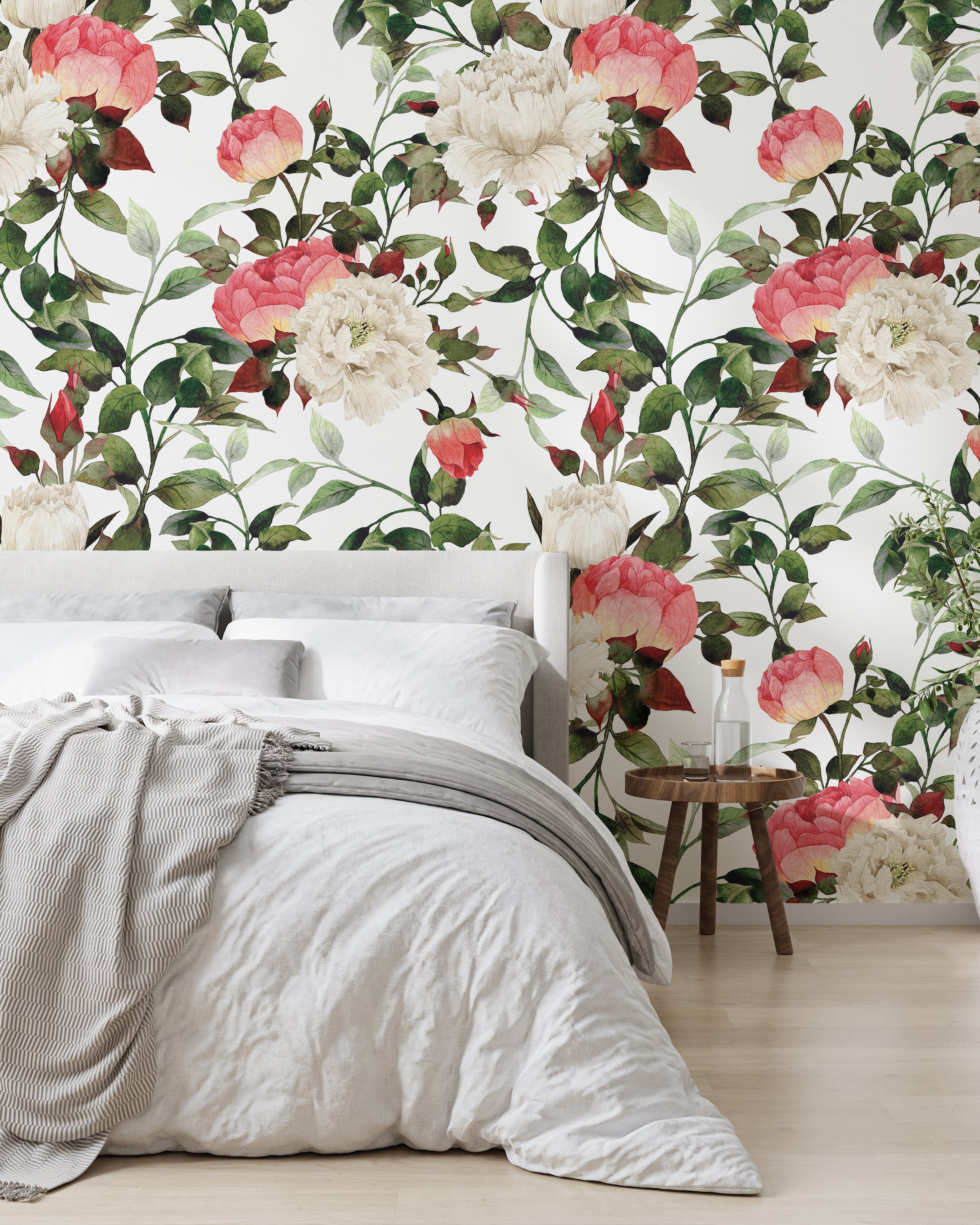 Watercolor peony floral wallpaper in soft pink tones upgrades cozy guest room decor instantly