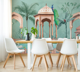 Botanical garden wallpaper self adhesive with palace arches and birds for dining area