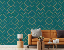 Teal geometric wallpaper with gold accents elevating modern living room interior design