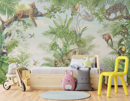 Playful nursery wall decor featuring jungle safari animals with leopard sloth birds in soft earthy colors, ideal for baby room theme