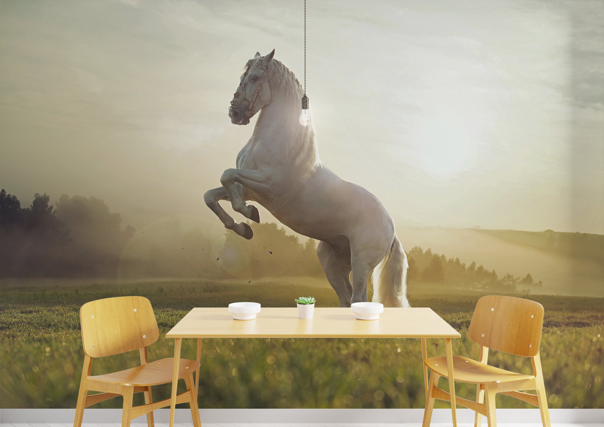 Modern dining room wall featuring horse wallpaper with rearing stallion in warm sunlight, ideal for statement spaces