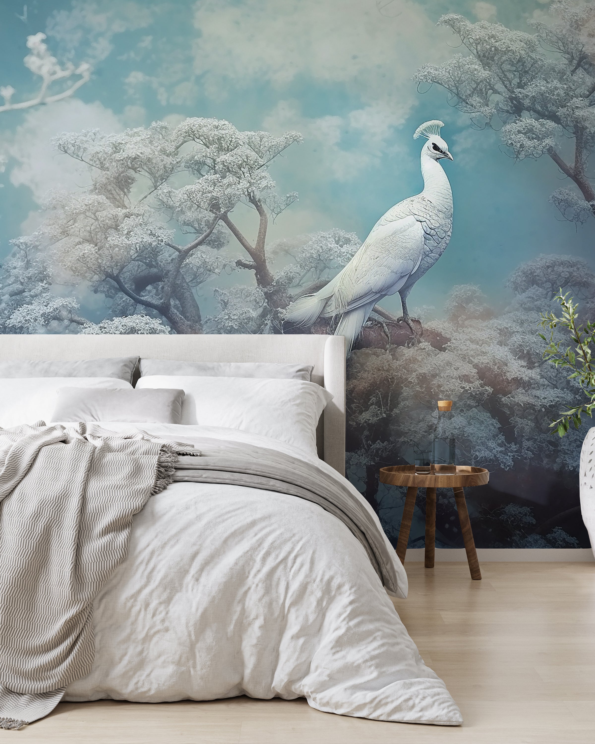 Winter Blue Forest Mural | White Peacock Art Removable Wallpaper
