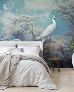 Winter Blue Forest Mural | White Peacock Art Removable Wallpaper