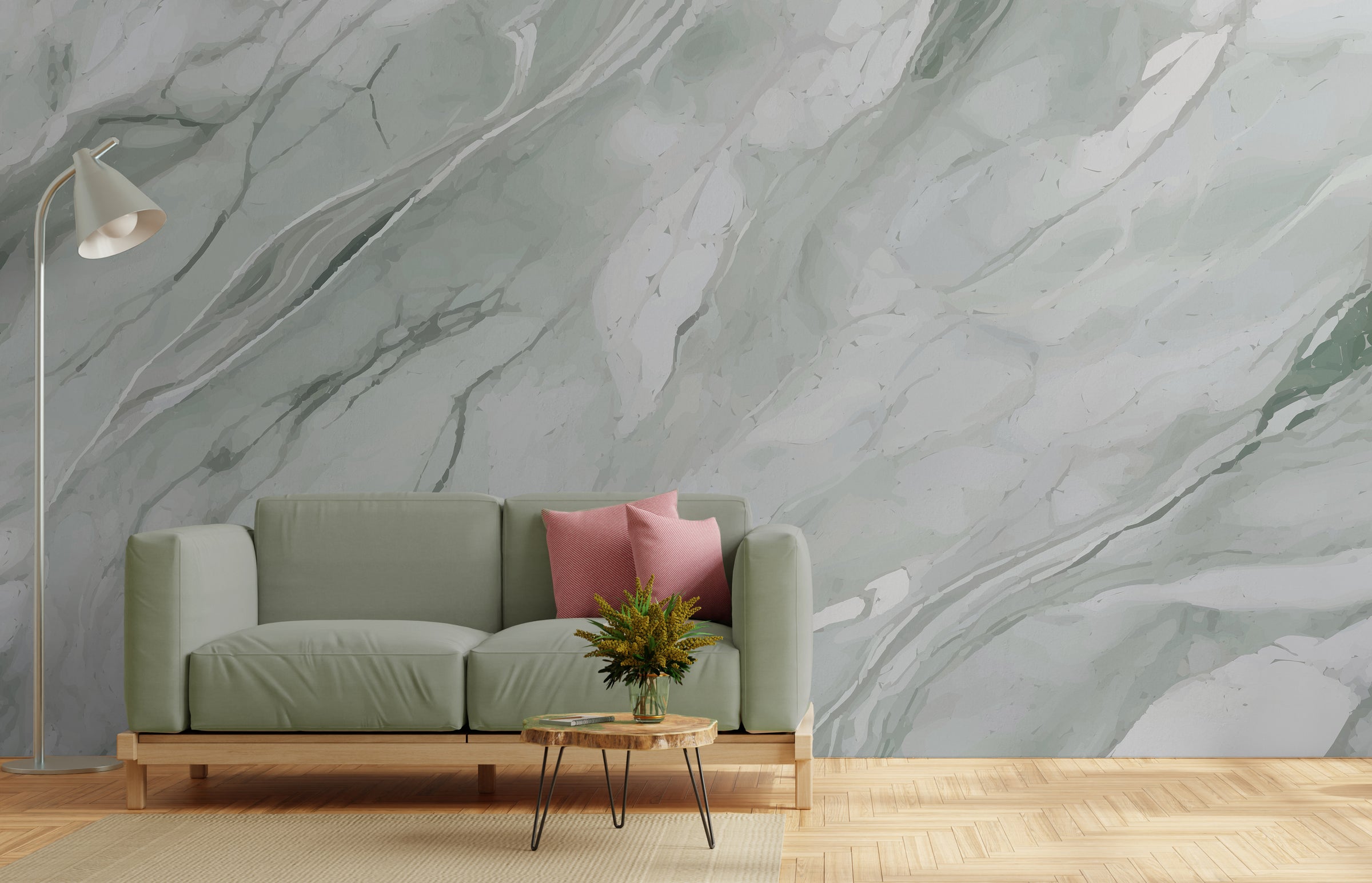 White and gray marble peel and stick wall mural, minimalist stone design for living room or office wall decor.