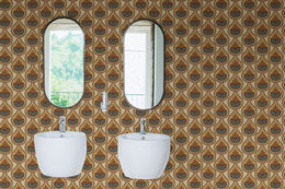 Rich geometric floral pattern in golden brown tones boosting modern bathroom wall appeal