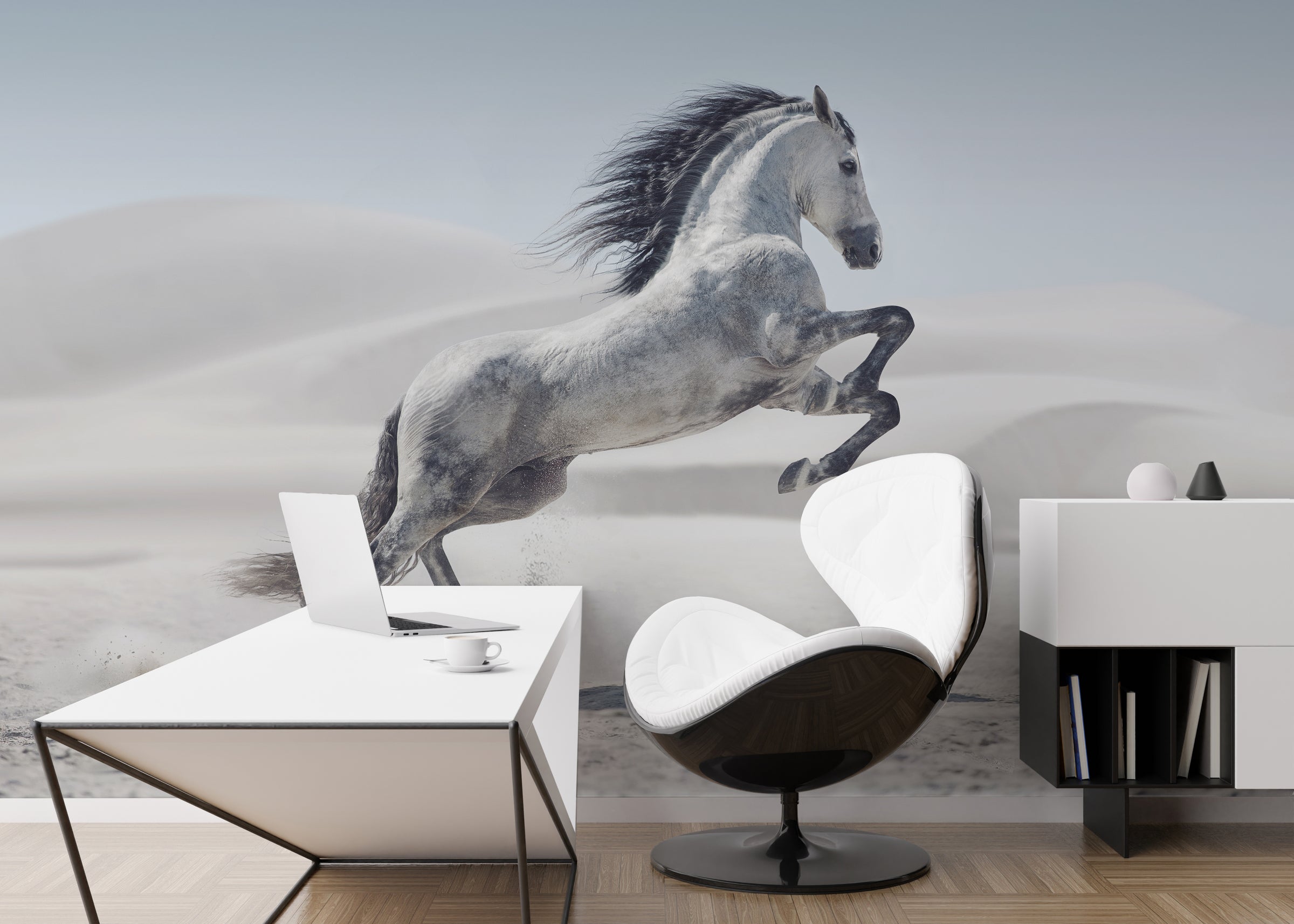 Running grey horse wallpaper mural installed on office backdrop wall creating inspiring workspace ambiance with refined decorative theme