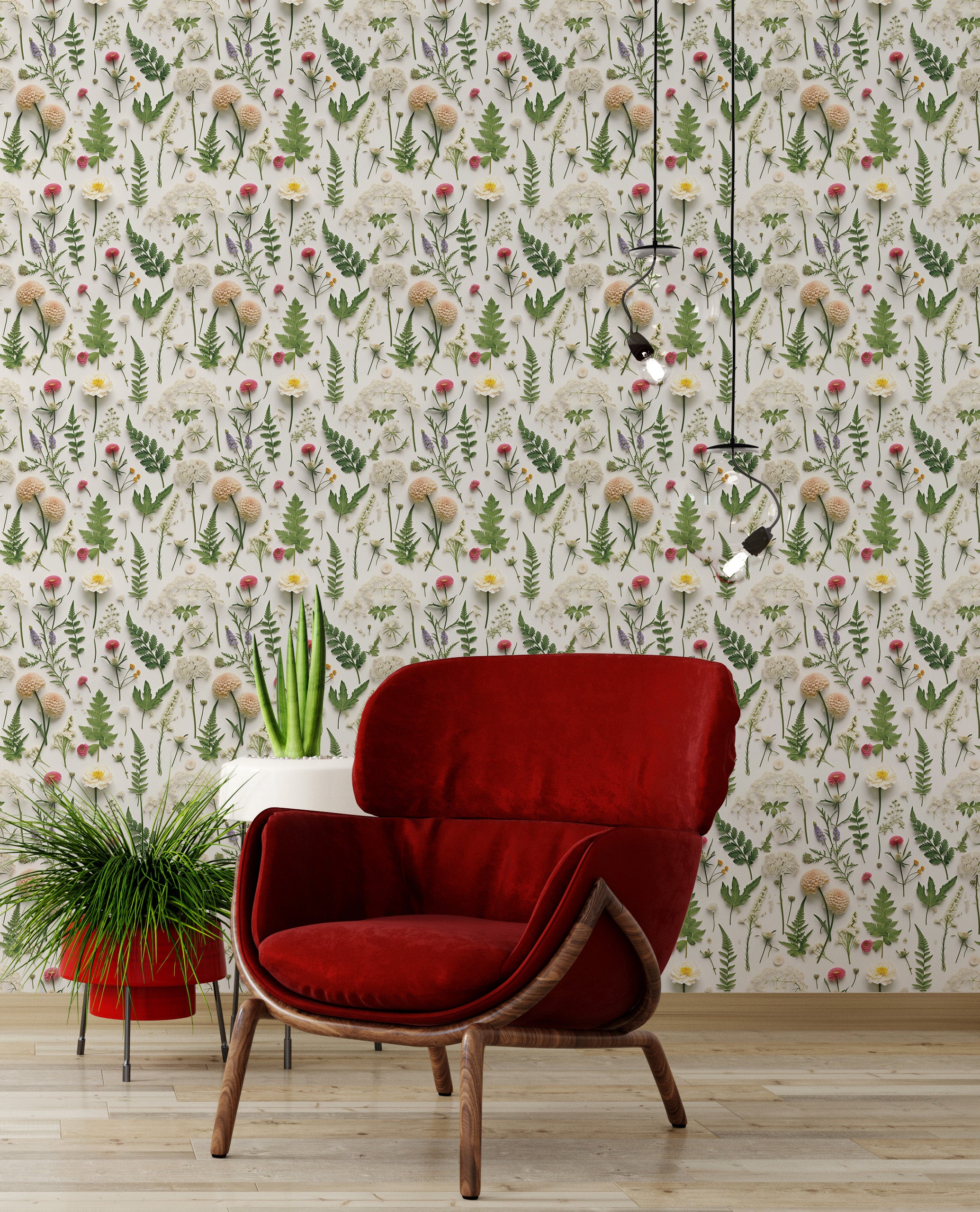 Botanical floral wall design with wildflowers, green and red tones, modern living room accent wall