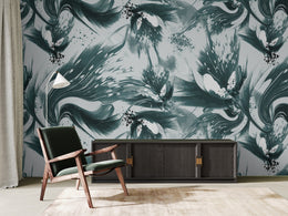 Contemporary abstract floral wallpaper in teal shades boosting creative and stylish office interior