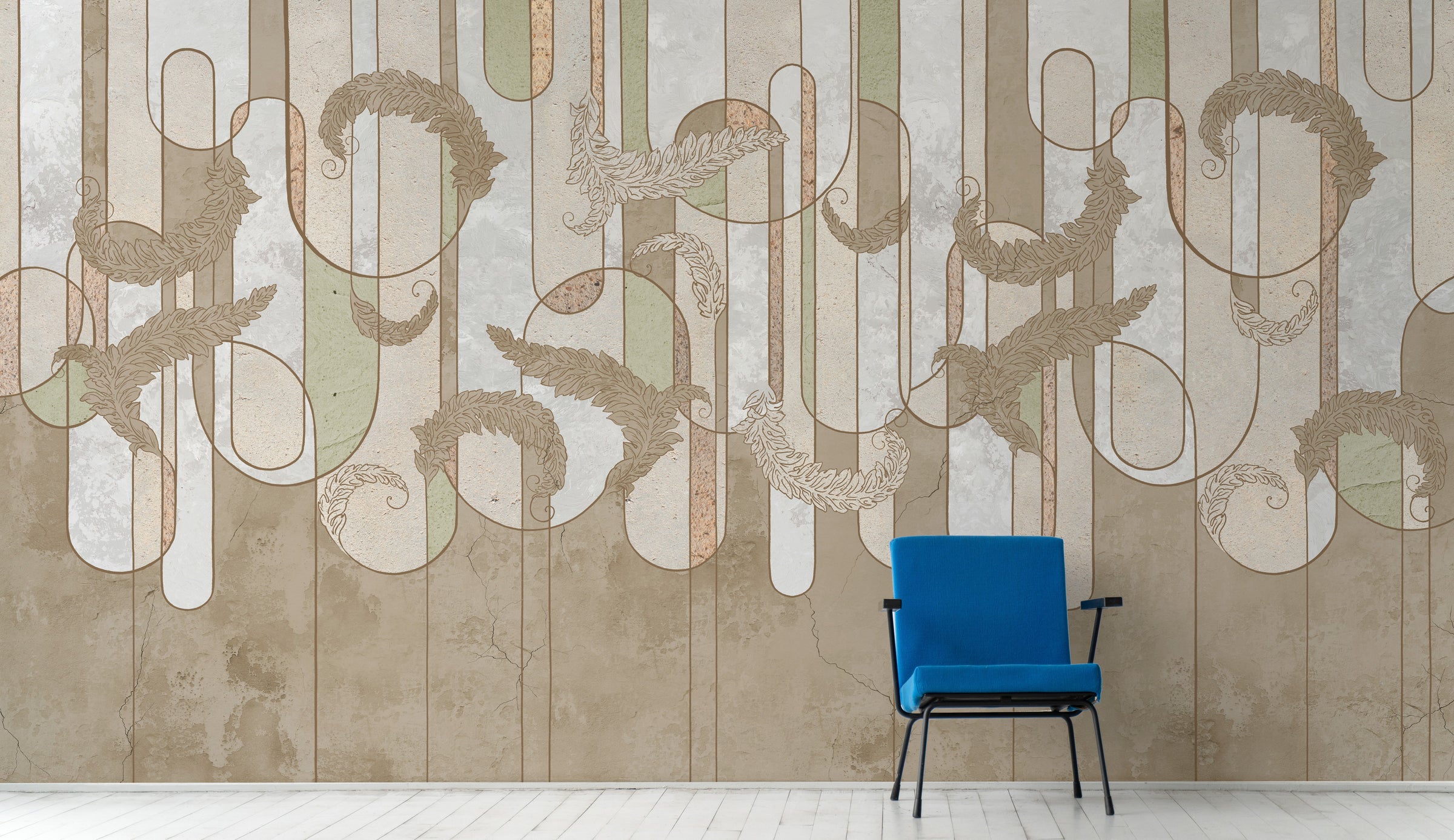 Abstract beige peel and stick wallpaper creating inviting atmosphere in lounge seating area