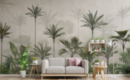 Tropical palm tree wall mural in soft green tones for modern living room decor