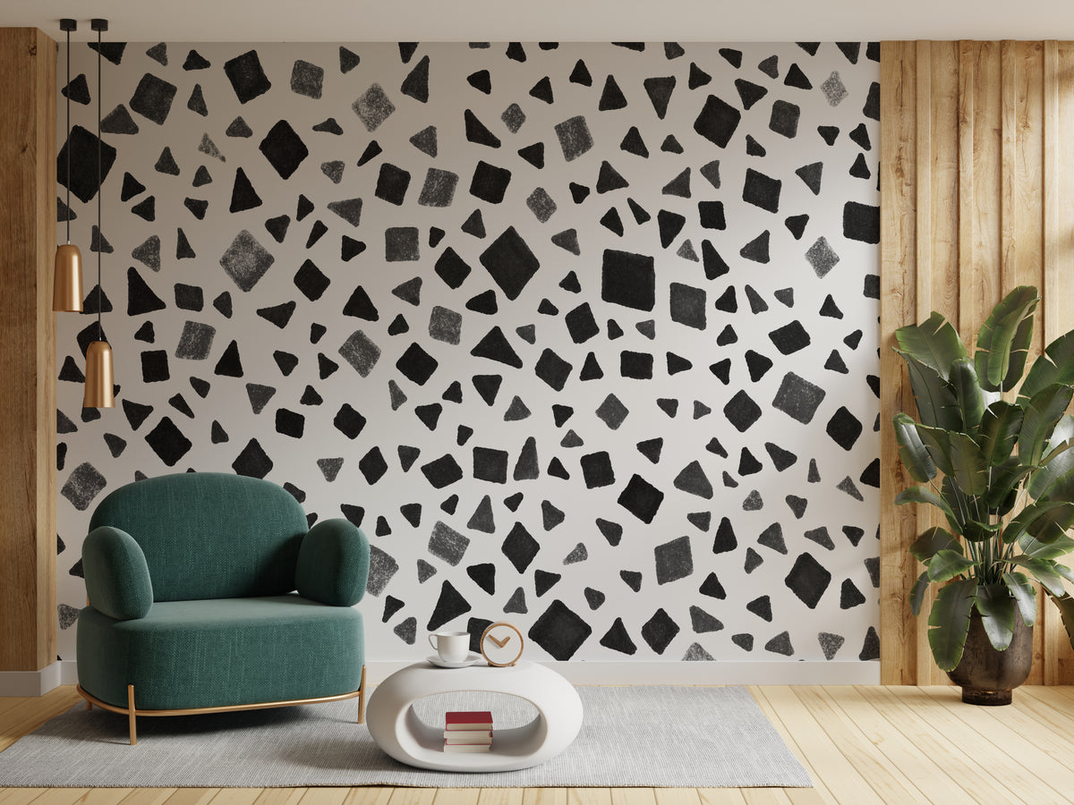 Seamless Terrazzo Black and Gray Shapes Wallpaper