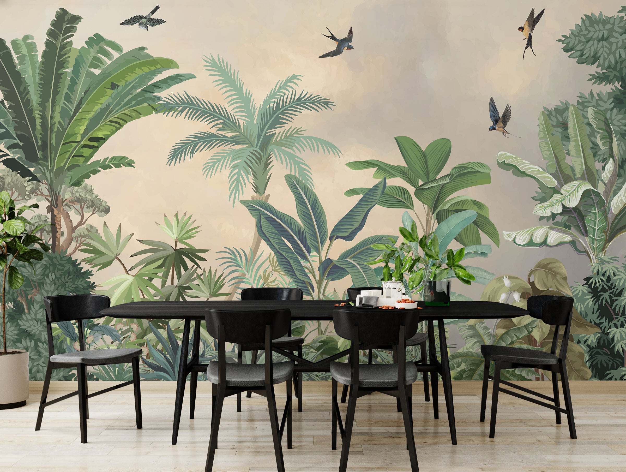 Exotic botanical garden wall mural showcasing palm fronds and tropical greenery designed for stylish dining area decoration with soft neutral background.
