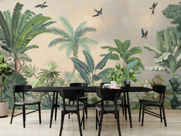 Exotic botanical garden wall mural showcasing palm fronds and tropical greenery designed for stylish dining area decoration with soft neutral background.