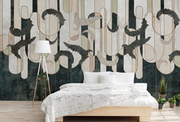Modern botanical wall mural featuring abstract leaves, beige textures, elegant lines for stylish bedroom walls