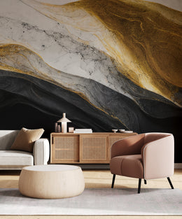 Luxury living room wallpaper featuring gold black marble wave abstract accent wall design