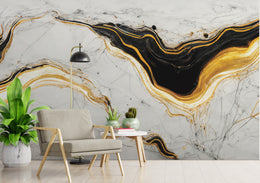 Abstract marble wallpaper in deep black gold tones elevating luxury office interiors