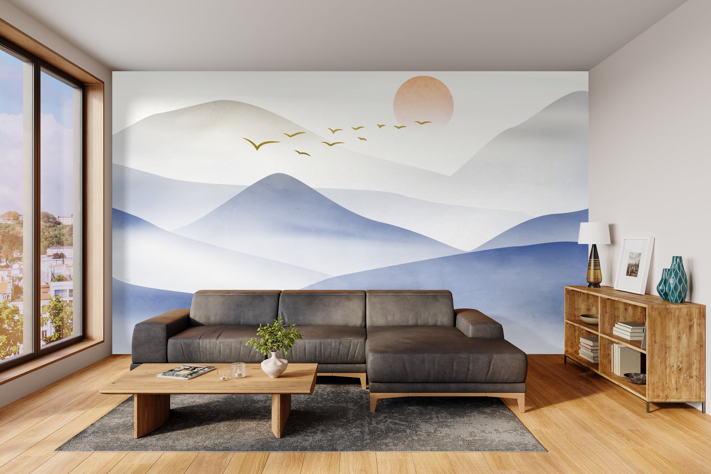 Blue gradient mountain wallpaper with sunlight highlights, energizing contemporary living room walls.