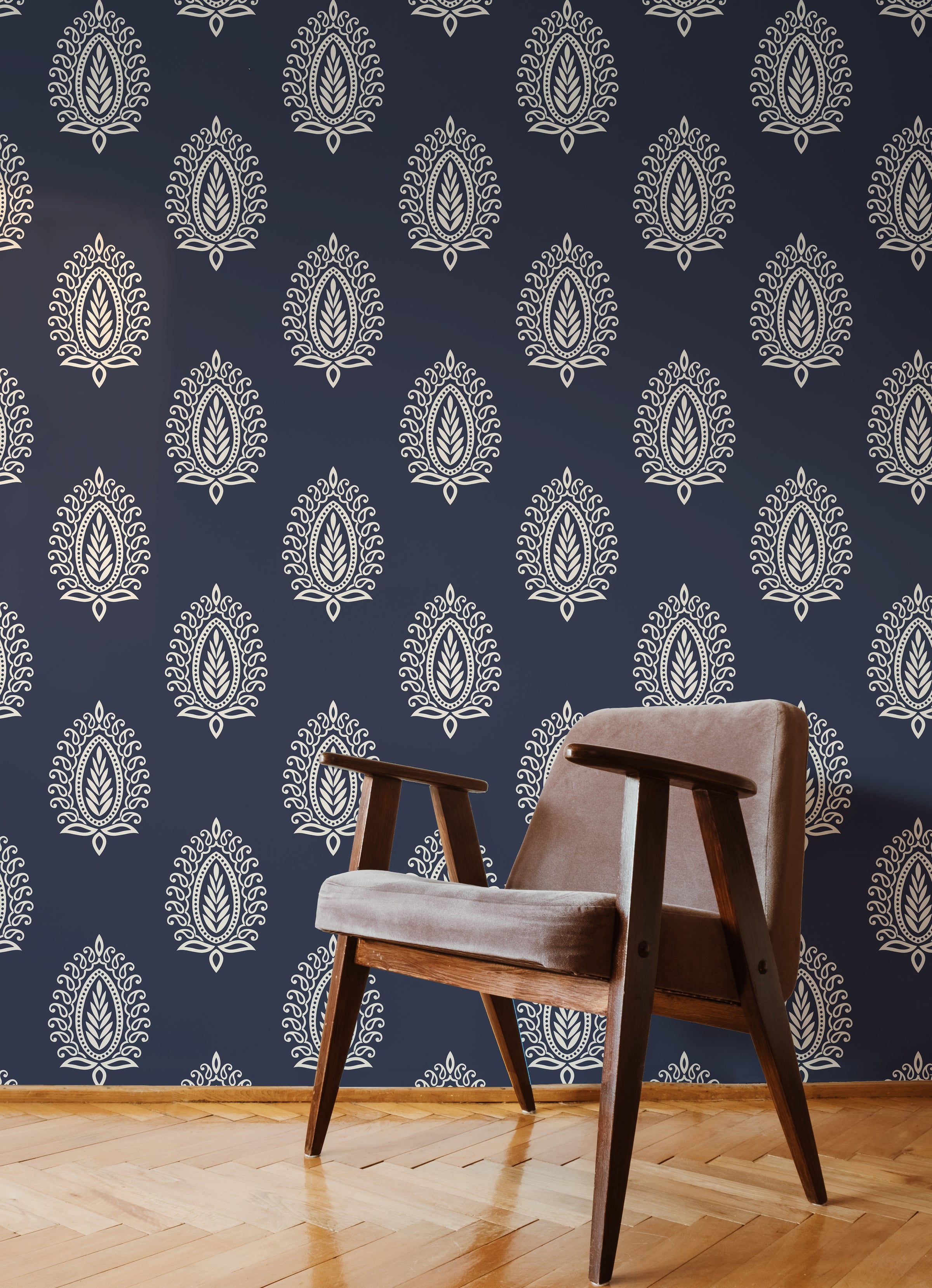 Paisley pattern wallpaper dark blue motifs create premium lounge wall visual appeal