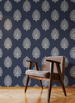 Paisley pattern wallpaper dark blue motifs create premium lounge wall visual appeal