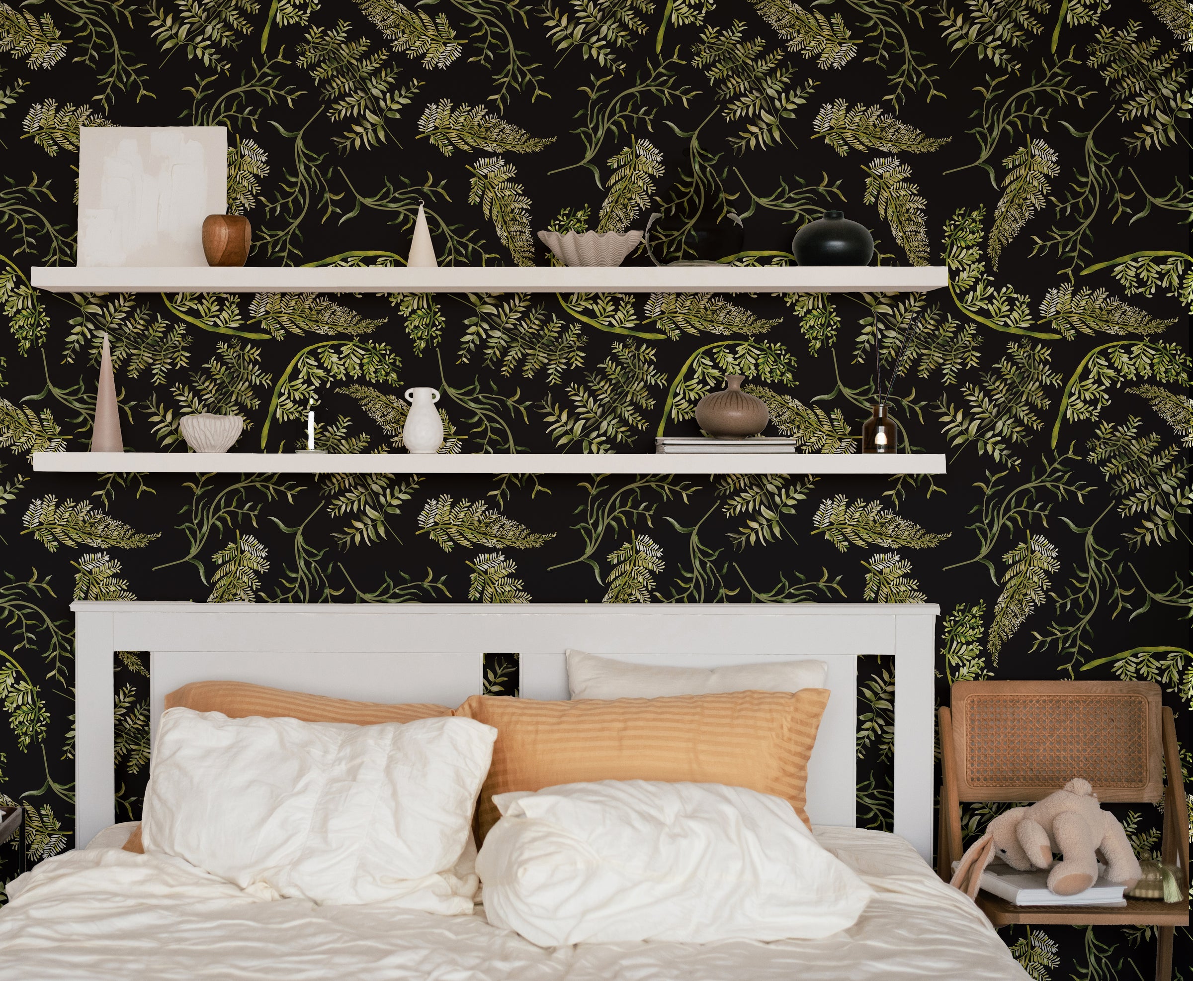 Elegant green leaf botanical wallpaper on black background for stylish bedroom decor