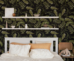 Elegant green leaf botanical wallpaper on black background for stylish bedroom decor