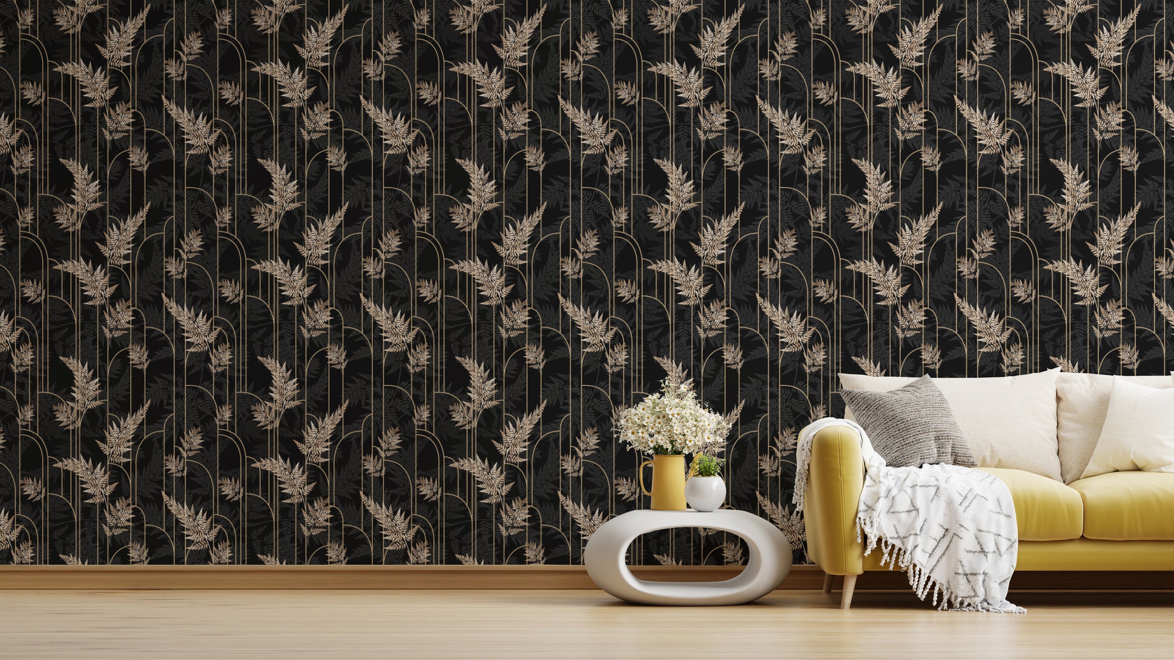 Art Deco Golden Fern Leaves Removable Wallpaper