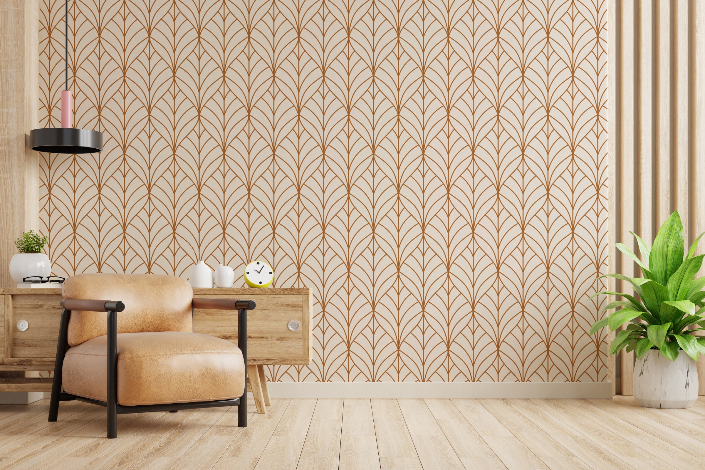 Rust Brown Leaf Wallpaper | Modern Repeat Pattern Art Deco | Peel And Stick