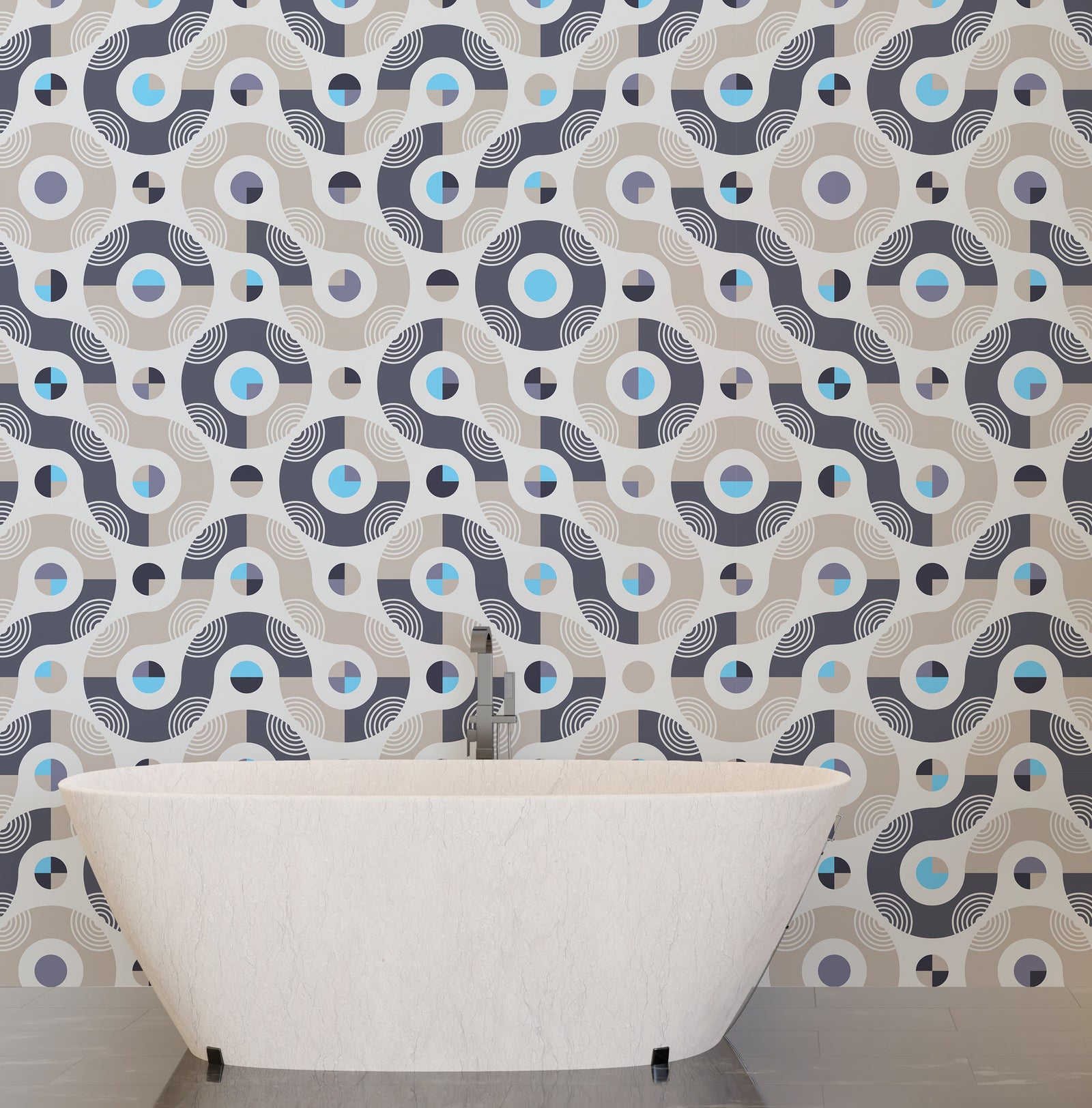 Retro Geometric Wallpaper | Navy Beige Abstract Removable Living Room Decor
