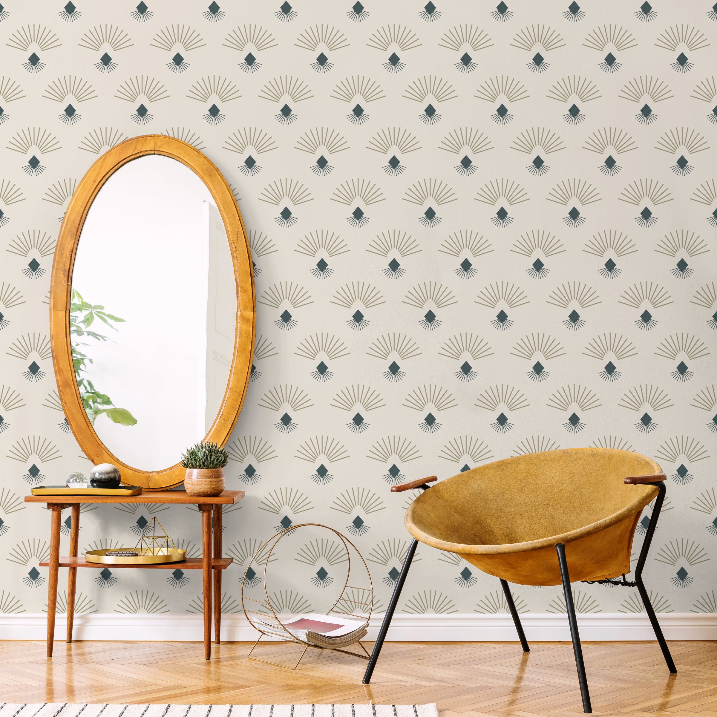 Mid Century Art Deco Wallpaper | Fan Pattern Beige Teal Peel and Stick Decor
