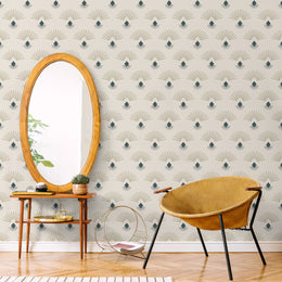 Mid Century Art Deco Wallpaper | Fan Pattern Beige Teal Peel and Stick Decor